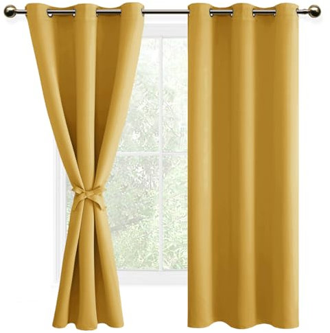 DWCN Blackout Curtains with Tiebacks for Bedroom Thermal Insulated Solid Eyelet Curtains for Living Room,2 Panels,46 Wide x 72 Drop Yellow