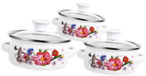 Amosfun Floral Enamel Soup Pot Set 3-Piece Enamel Pot Double Large Handles for Milk Instant Noodles Easy to Clean Kitchen