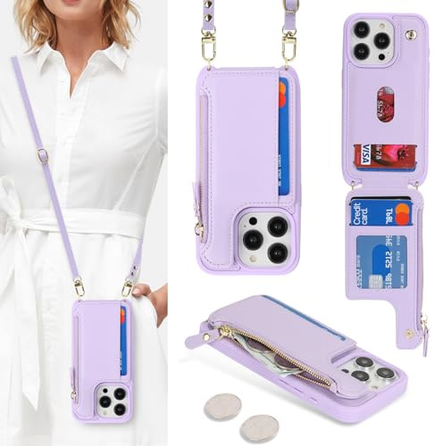 SailorTech Custodia per iPhone 15 Pro in Pelle Portafoglio con porta carte di credito, Cover per iPhone 15 Pro Cellulare Regolabile Collana con slot per carte di credito - Viola