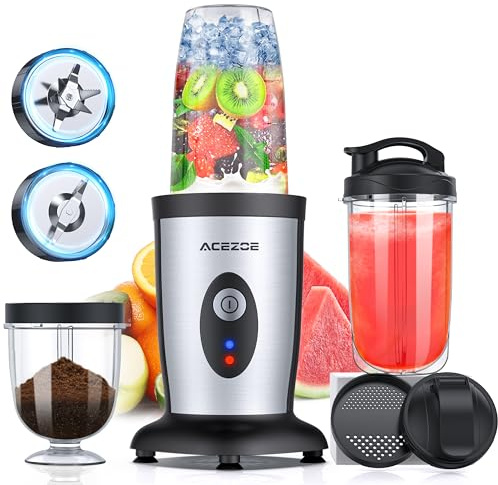 Acezoe Blender Shakes and Smoothies, 850W Portable Blender, One-Button Mixer, 3D 6-leafs, 2x17oz Personal Bottle, BPA Free Kitchen, baby food, Grinding, Juice-Silver
