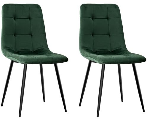 JIJIAN Pack de 2 Sillas de Comedor, Sillas de Cocina Tapizadas de Terciopelo con Patas de Metal Negro, Acolchadas con Diseño de Cuadros, para Cocina, Dormitorio y Recepción, Verde Oscuro