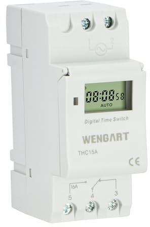 Wengart Temporizador Digital 12V AC/DC THC15A (Bajo Voltaje), Interruptor Horario 16A para Caravanas, Placas Solares y Riego,28 Grupos de Control,Carril DIN,Salida de Contacto Seco,NO Apto para 230V