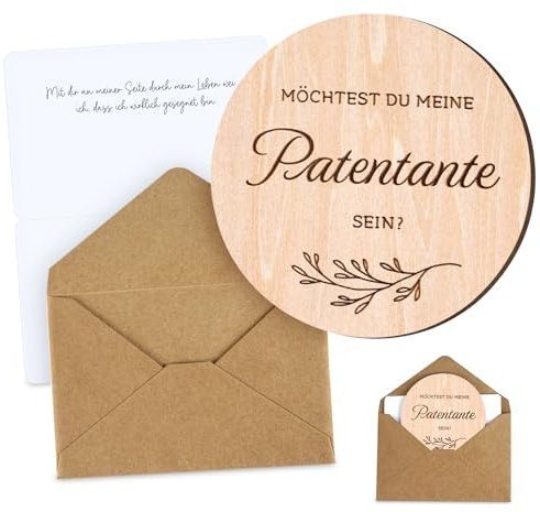 HOUISM Patentante Fragen Holzscheibe mit Karte und Klappkuvert - Möchtest du meine Patentante werden? Geburt Taufgeschenk Geschenkideen für Patentante Taufpatin zum Schwangerschaft verkünden