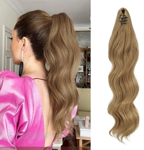 FESHFEN Coda Capelli Extension con Pinza, Lunga Ondulato Coda di Cavallo Clip Extension Coda Finta Sintetico Posticci Ponytail per Donna 50 cm Castano Chiaro e Biondo Naturale