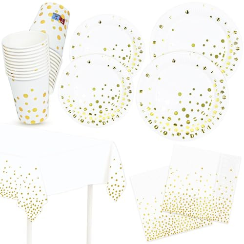 HNH Pappteller Servietten Pappbecher Tischdecke Partygeschirr Set 20er-set Weiß mit Goldfolie Gepunkete Dessertteller Papierteller Papierservietten Partyteller Deko