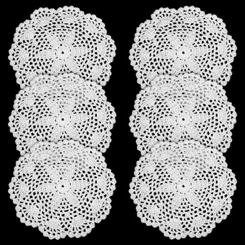 6 Pcs 8 Inch White Vintage Crochet Doilies - Round Lace Doilies Handmade Placemats & Coasters - Cotton Crocheted Rustic Table Decors for Kitchen, Dining Room, Party, Wedding