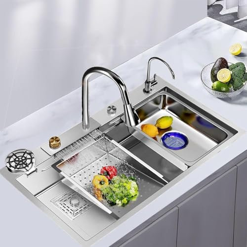 Évier de cuisine multifonction cascade, évier de cuisine professionnel à poser, lavabo en acier inoxydable, avec robinet extractible haute pression, finition brossée 75 * 45 * 21cm