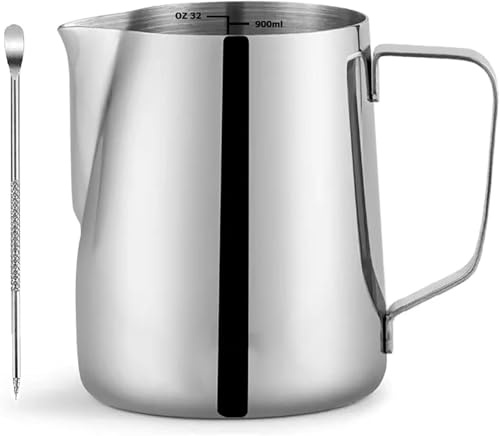 GIOTUK Stainless Steel Milk Jug 900ml/30oz, Barista Coffee Frothing Pitcher with Measurement Scale & Latte Art Pen for Cappuccino, Latte - Professional Grade