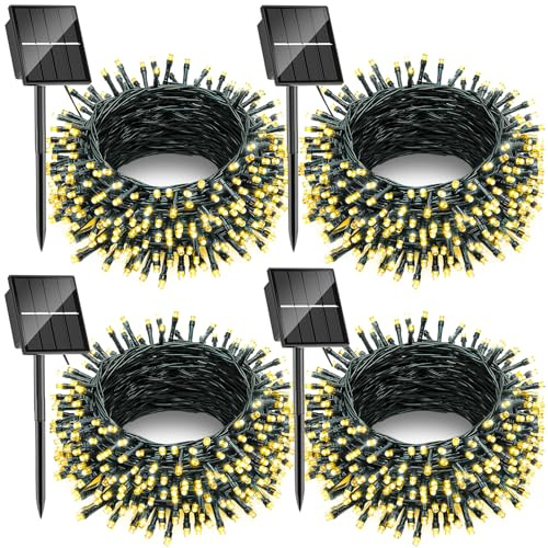 SOLARBABY 4 Pacchi Luci Natale Esterno Solare, 10M 100LED Catena Luminosa Esterno Solare, 8 Modalità Impermeabili Luci Natalizie da Esterno per Giardino Albero Patio Balcone, Bianco Caldo