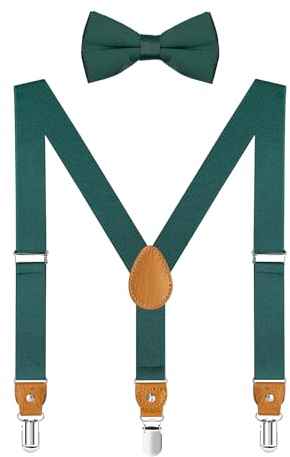 CEAJOO Men's Child Suspenders and Bow Tie Adjustable Elastic with Strong Metal Clips Dark Green 30