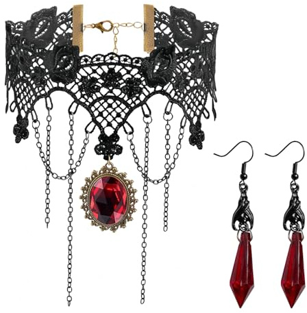 Halloween Kostüm Damen, Choker Kette Damen Spitze Schwarz, Gothic Halskette Steampunk Accessoires Damen, Choker Halsband mit Kristallen und Ohrringe, Vampir Accessoire Cosplay Schmuck Party Vintage