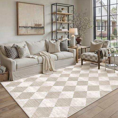 PureCozy Tappeto Salotto 140x200cm Beige Lavabile in Lavatrice Antiscivolo Camera da Letto Grande Tappeti Moderno Geometric Rombo Carpet Soggiorno Cameretta Ufficio Pelo Corto Rug