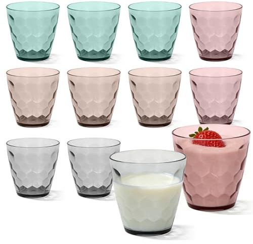 PORFOYO Juego de vasos de agua, 12 vasos de agua de plástico, 325 ml, vasos reutilizables, apilables, vasos de camping para cenas, hogar, fiestas de cumpleaños