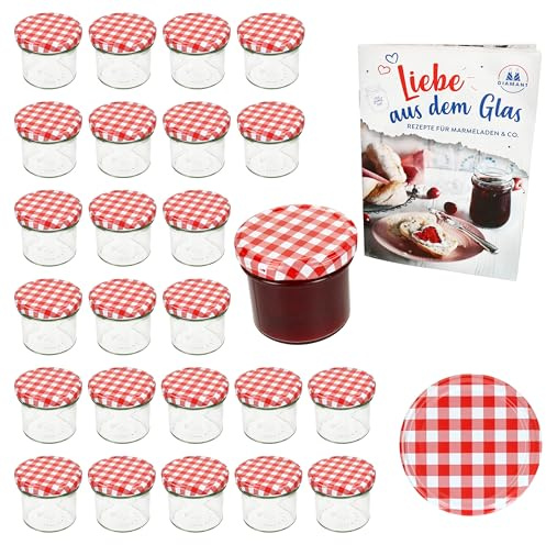 MamboCat 25er Set Sturzglas 125 ml mit Schraub-Deckel Rot kariert I Einmachgläser + to 66 Deckel mit Diamant-Zucker-Rezept I Vorratsgläser konservieren & sterilisieren