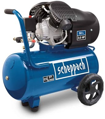 Scheppach HC52DC 50L Double Cylinder Air Compressor, 2200W, 8 Bar, 412L/min Intake, Dual Coupling, Oil-Lubricate, Dual Coupling, Garage Workshop Pneumatic Tools