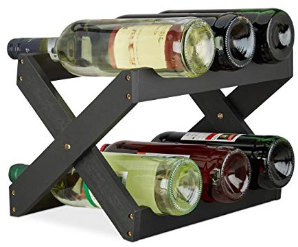 Relaxdays Bamboo Wine Rack, X Shape, 6 Bottles, Country House Style, Small, Folding Bottle Holder, HWD 22 x 36 x 20 cm, Black