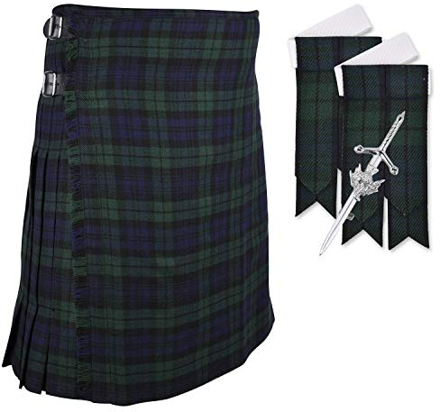 DSS KILTS - Kilt escocesa de tartán para hombre con destellos de calcetín a juego y pin de falda escocesa de cardo, Reloj negro, 36