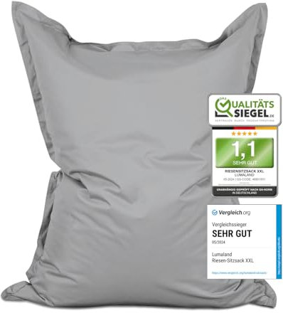 Lumaland Riesen-Sitzsack XXL 140x180 cm | Wasserfestes Indoor & Outdoor Liegekissen mit über 3 Mio. anpassungsfähigen EPS-Perlen | Bean Bag mit waschbarem Bezug [Silbergrau]