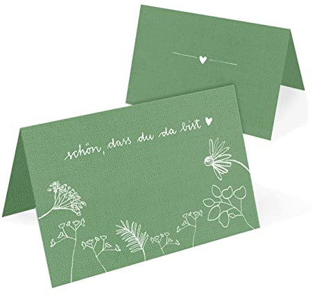 Eine der Guten 50 Tischkarten, Recyclingpapier Namenskarten, Schön, dass du da bist - Blumen Platzkarten zum beschriften für Hochzeit, Geburtstag, Taufe, Kommunion, Grün Weiß, klimaneutral
