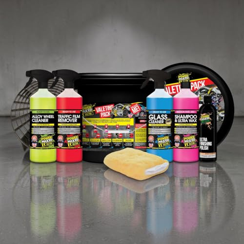 Power Maxed Valeting Bucket Kit – Complete Car Cleaning Kit with Wheel Cleaner, Shampoo, TFR & Accessories – 16L Bucket with Grit Guard – Full Car Wash & Detailing Set