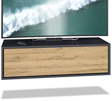 Vladon TV Board Lana 100 Hängeschrank Lowboard 100 x 29 x 37 cm, Made in Germany, Korpus in Schwarz matt, Fronten in Eiche Natur | Große Farbauswahl