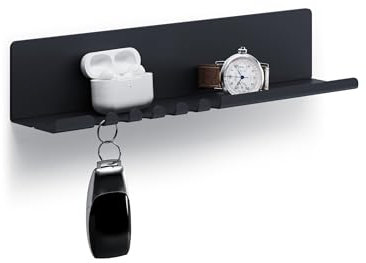 byde Helke - Mensola da Parete, 30 x 6 x 6 cm, 5 Ganci e Porta Cavi, In Lamiera di Acciaio Verniciato a Polvere, Organizer per Chiavi e Lettere per Ingresso, Corridoio, Cucina, Ufficio, Colore Nero