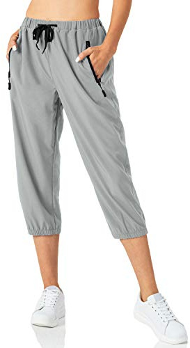 Butrends 3/4 Pantalón de Chándal para Mujer Pantalones de chándal Ligeros para Mujer Pantalones Capri de Secado rápido Pantalones de Senderismo Casuales con Bolsillos con Cremallera (S, Gris Claro)