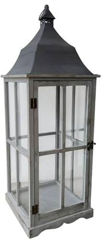 Große Laterne mit Glas 91 cm - Graue Holzlaterne mit Metalldach -Vintage Gartenlaterne - Windlicht - Kerzenhalter - Naturholz