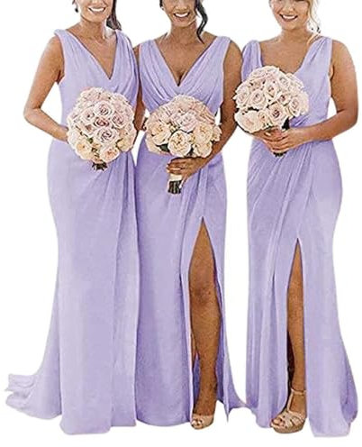 yhfshop Floor Length Bridesmaid Dresses,Double shoulder V-neck chiffon slit evening gown-Lilac_52,Bridesmaid Party Long Dress