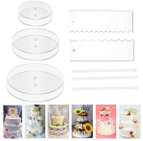 Smallterm Ensemble de Disques à Gâteau Rond en Acrylique - Disques à Gâteaux Plateaux de Base en Cercle avec Trou Central - 2 Grattoirs à Peigne (4 Motifs) et Tige de Cheville