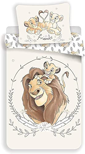 König der Löwen Babybettwäsche Kinderbettwäsche Simba, Mufasa, Bettdecken-Bezug 100 x 135 cm und Kopfkissen-Bezug 40 x 60 cm, 100% Baumwolle