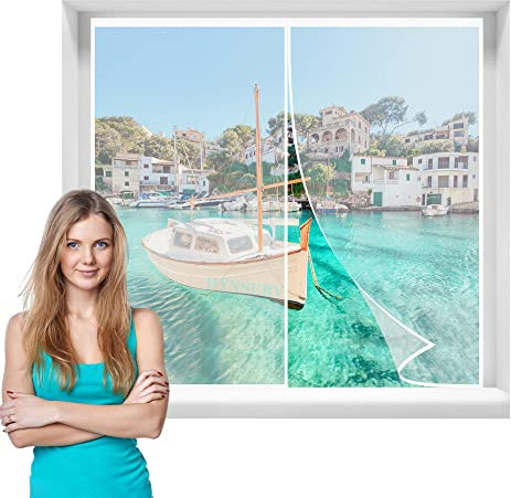 Fly Screens for Windows UK White 130x145cm Fly Screen Mosquito Magnetic Window Screen with Self-Adhesive Tape Washable for Living Room,Room Window