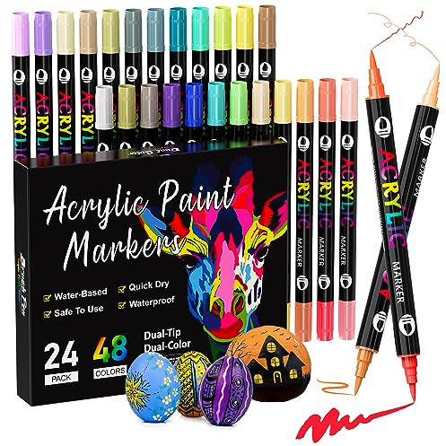 Patamiyar Pennarelli Acrilici Indelebili per Pietre, 48 Colori/24 Pcs Pennarelli a Vernice Acrilica, Matite Acriliche per Pietre, PennarelliVernice Acrilico per Legno Vetro Tela Carta Ceramica DIY