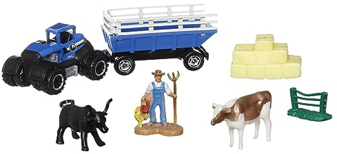 Matchbox Collectors Die-Cast Hitch and Haul 70 Years Anniversary Playset - MBX Farm Trailer ~ Blue Dirtstroyer Tractor and Farm Trailer with Accessories and Figures ~ HLM25 6/9