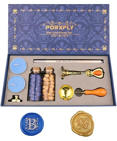 PORXFLY 2 Stück Letter B Wachs-Siegel-Stempel-Set, Initial Alphabet Wachs-Siegels-Stempel-Kit Vintage Geschenk-Box, A bis Z Buchstaben-Serie Stempel für Hochzeit Einladungen, Umschläge (B)
