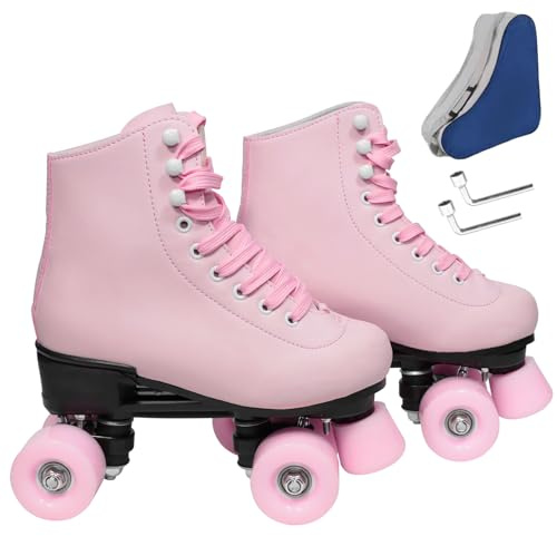 Wiwiy Roller Skates for Women Men, Leather High Top Double-Row Skates Pink, for Beginner Indoor Outdoor Roller Skates(Women's 6 / Men's 5)