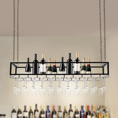 Estantería colgante para copas de vino de 110 x 25 cm, con soporte de cristal y estante ajustable industrial para armarios de vino en casa, cocinas, hoteles, bodegas
