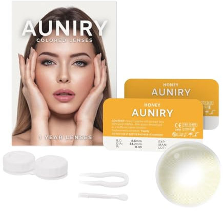 AUNIRY Lenti a Contatto Colorate Gialle Naturali HONEY: Kit Completo (2 Lenti Colorate Annuali Non Graduate, Pinzetta, Applicatore e Portalenti), Adatte per Occhi Scuri e Senza Gradazione