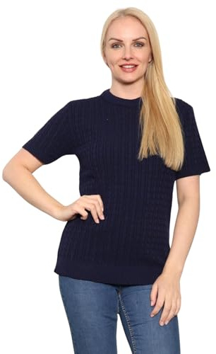 STAR FASHION Cable Knit Jumper for Women's Short Sleeve Round Neck All Over Cable Knitted Sweater Ladies Pullover Soft Lightweight Casual Smart Knitwear UK Size 8-22