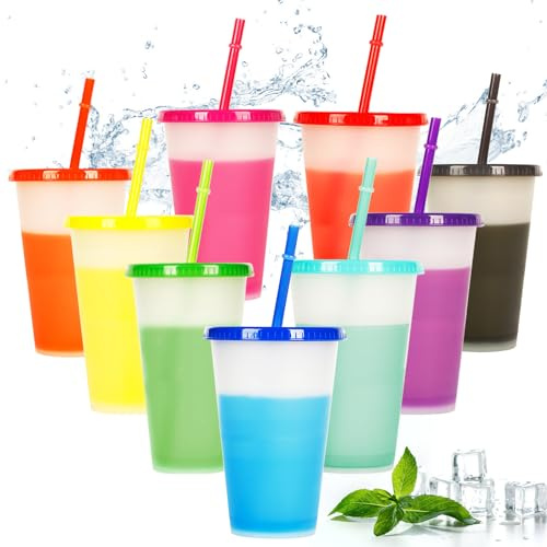 dellyy Vasos Plastico Duro, 9 Piezas Vasos con Tapa y Pajita, 480ml Copas de Plastico que Cambian de Colors, Vasos de Plástico Reutilizables, para Niños y Adultos Fiesta (A)