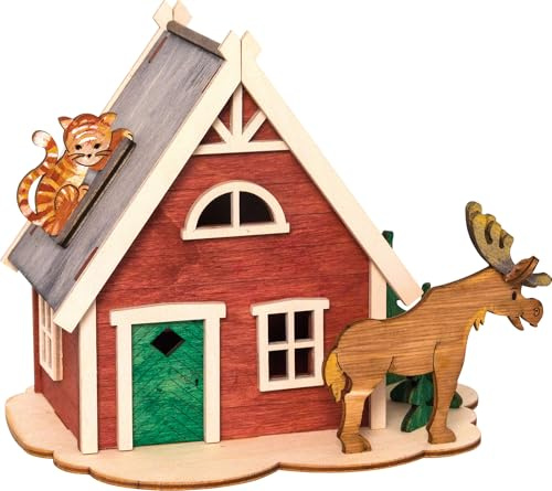 Drechslerei Kuhnert - Hobaku Bastelset - Spardose/Geldbüchse - Motiv: Schwedenhaus - Dekoration aus Holz zum Zusammenbauen - Maße: ca. 16 x 12 x 14 cm - Made in Germany