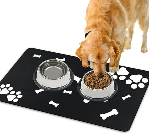 Lurowo Tapis de Nourriture pour Chien Tapis Gamelle Chien à Séchage Rapide Super Absorbant Lavable Tapis Antidérapant de Gamelle pour Chien Chat (Motif de Patte d'Os-Noir, 43x75cm)
