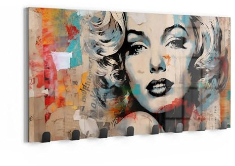 DEQORI Wandgarderobe Glas & Metall | Motiv Vintage-Star Fusion | 60x30 cm | Design Haken-Leiste modern | Garderoben-Paneel für Flur, Wohnzimmer & Schlafzimmer | magnetisch & beschreibbar