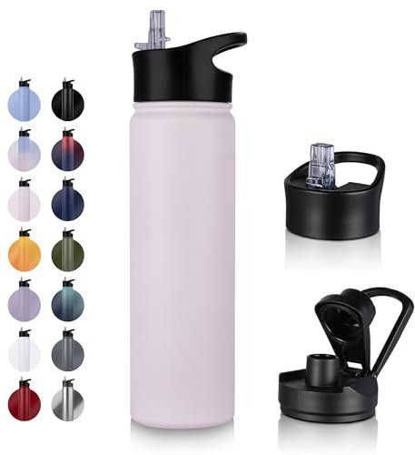 UMBFUN Edelstahl Trinkflasche - 750ml - mit Strohhalm,Auslaufsicher,Kohlensäure Geeignet,BPA frei Thermosflasche(+2 Deckel) Vakuum Doppelwandisolierung für Sport,Reisen,Camping,Schule,Fahrrad,Gym