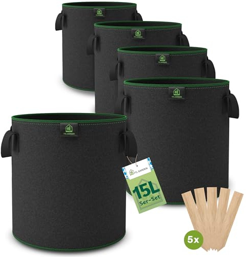TTL GARDEN 5X 15L Pflanzsack aus Vlies Stoff aus 300 g/m² Filz & Vlies - | 5er Set 15 Liter Pflanztaschen Pflanzgefäß Pflanzbeutel Wachstumstasche geeignet für Balkon Terrasse Gewächshaus & Garten