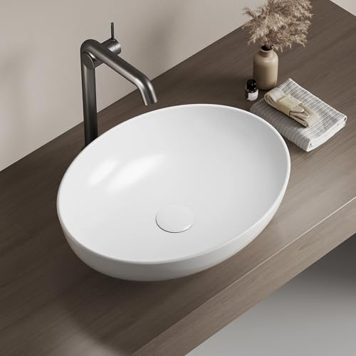 EMKE Lavabo in Ceramica Ovale, 52x39,5x13 cm,Bianco Lucido | Appoggio, Ceramica per Bagno e WC Ospiti