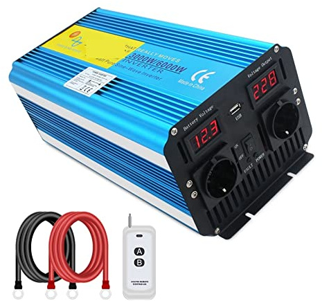 Inversor para coche Inversor 12v/ 24v 220v 6000w 50HZ/60HZ Convertidor de transformador de voltaje solar de onda sinusoidal pura Pantalla LED de carga Enchufe dual de la UE para Barco,Caravana,Coche(2