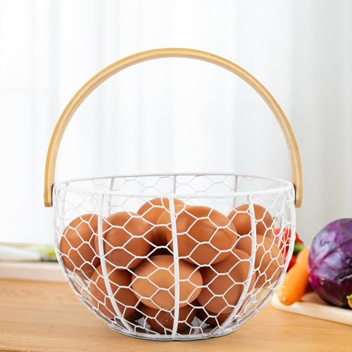 Hunstire Farmhouse Wire Egg Basket for Gathering Fresh Eggs with Wooden Handle, Vintage Style Metal Egg Collecting Basket Countertop Storage Container Holder for Kitchen Decor and Fruit Bin (White)
