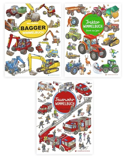 Wimmelbuch ab 2 Jahre – Set aus 3 Kinderbüchern: Feuerwehr, Bagger & Traktor – Bücher ab 2 Jahre mit exklusivem Lesezeichen – Kinderbücher für Jungen & Mädchen