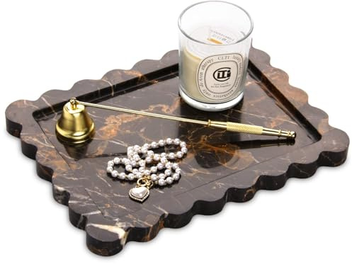 Marmor Tablett Gewelltem, Naturstein, Schwarzes Gold, 27 x 20 cm | Marmorplatte, Badezimmer Tablett, Luxuriöses Dekotablett für Schminktisch, Gewebe, Kerzen, Kosmetisch, Schlüsselring